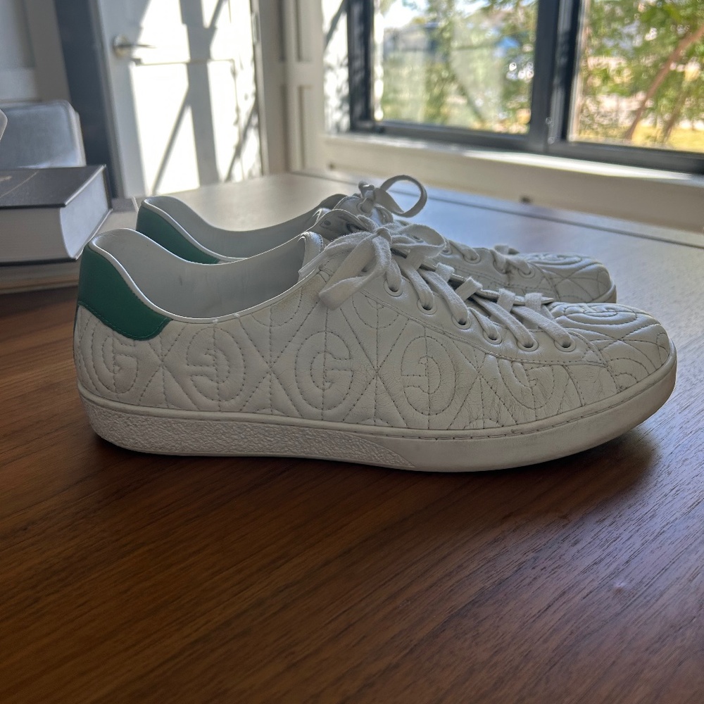 Gucci Nappa G Rhombus Mens Ace Sneakers Great 9 White Green